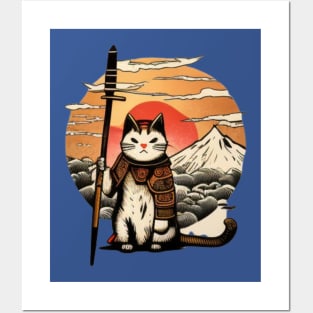 Ninja Cat Japanese Vintage Sunset Sword Posters and Art